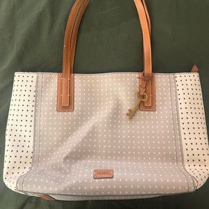 FOSSIL EMMA GRAY WHITE CANVAS SMALL HEARTS MOTIF TAN LEATHER TRIM TOTE